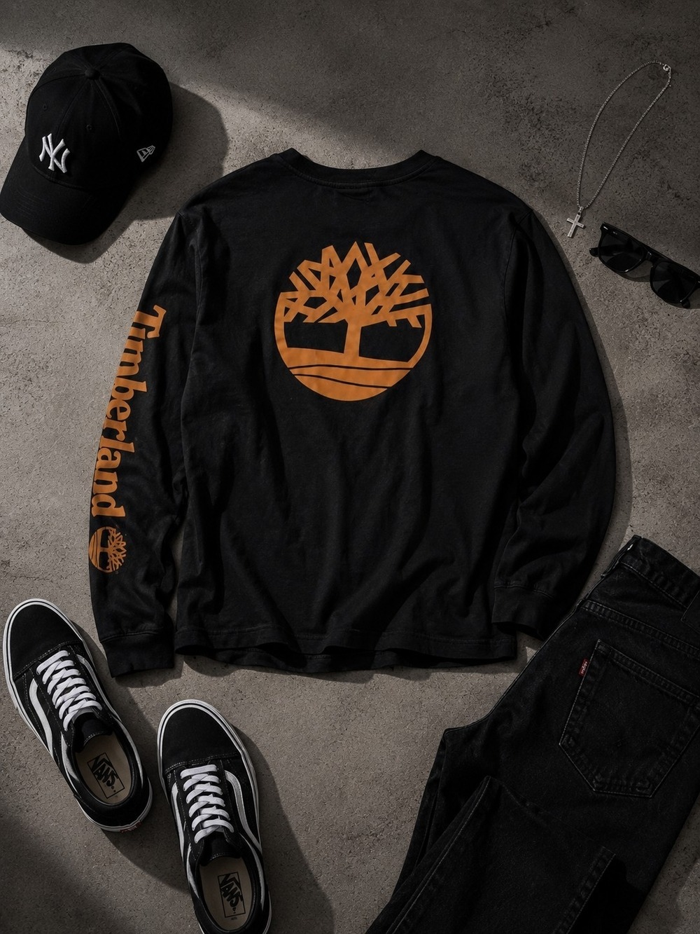 Timberland Black Long Sleeve Cotton Tee Orange Graphic Logo - Picture 1 of 5
